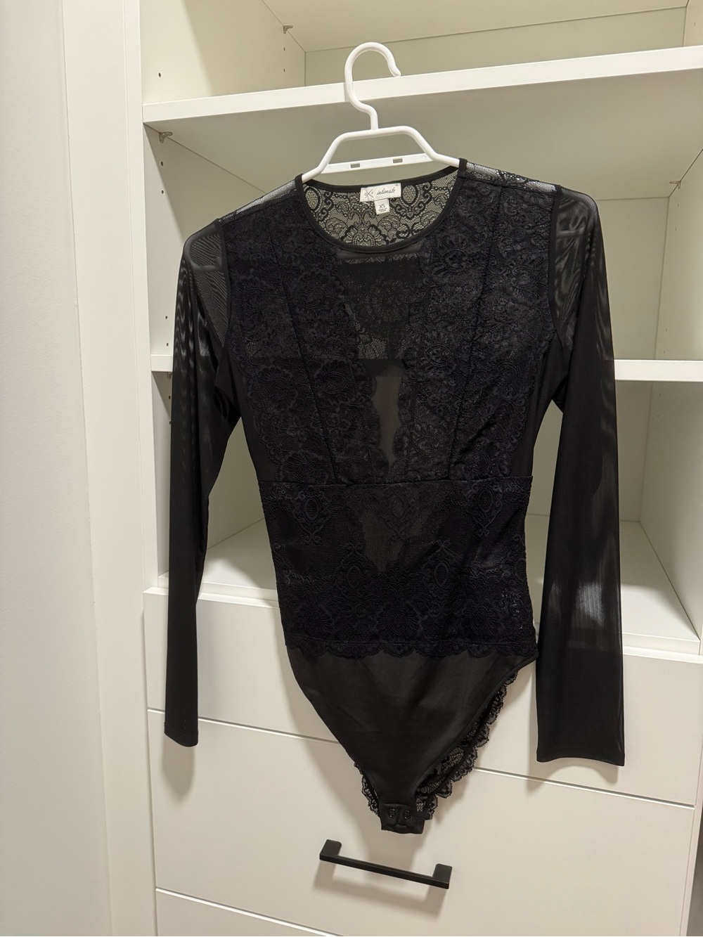 Gentle Fawn Intimates Black Lace Bodysuit Long Sleeve Sheer Mesh Lace Size XS